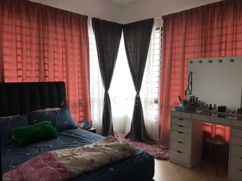 Bedroom features: king-size bed with upholstered headboard, blue bedding with decorative pillows, pink throw blanket, dressing table with mirror, white cabinetry, blue stool, floor-to-ceiling windows, sheer curtains, dark grey curtains, wooden flooring, area rug with fluffy texture, decorative makeup items on table; style: modern.