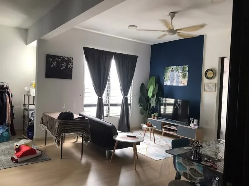 Living features: 5-blade ceiling fan, floor-to-ceiling windows, blackout curtains, blue accent wall, light grey walls, laminate flooring, sofa in grey, coffee table, TV console, wall-mounted TV, decorative wall art, indoor plants, area rug with geometric pattern; style: modern.