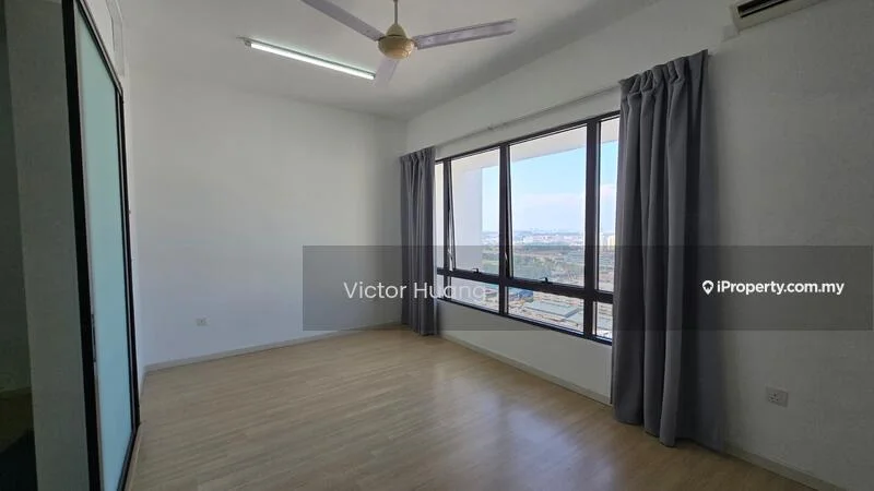 Room features: light wood flooring, white painted walls, floor-to-ceiling windows, grey curtains, ceiling fan, natural light, city view; style: modern; view: city.
