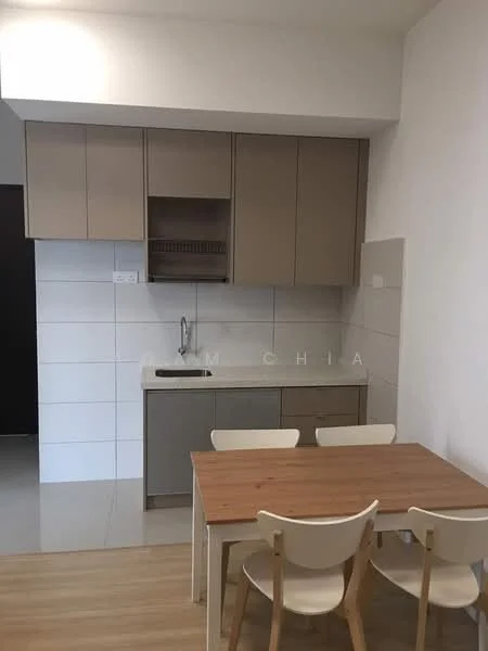 Kitchen features: light brown cabinetry, white tiled backsplash, grey countertop, single-bowl stainless-steel sink, chrome pull-down faucet, built-in oven, stainless-steel refrigerator, dining table with four white chairs, ceramic tile flooring, white painted walls, under-cabinet lighting; style: modern.