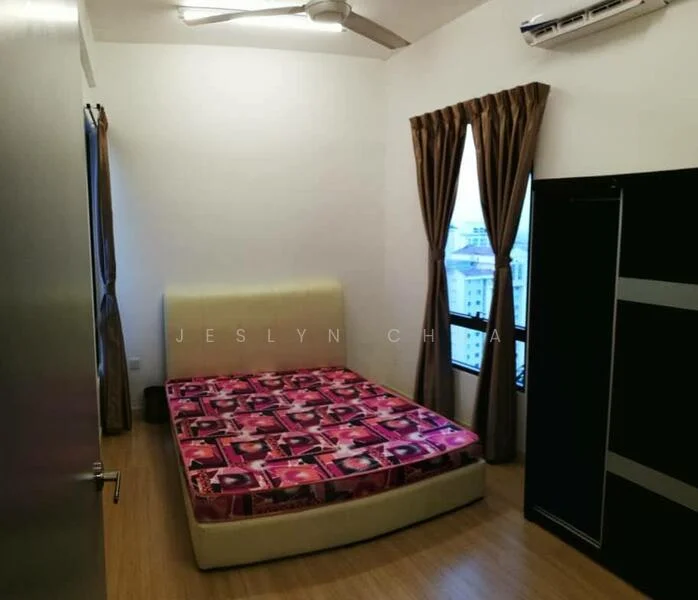 Bedroom features: queen-size bed with patterned bedding, upholstered headboard, wooden flooring, floor-to-ceiling window, curtains in brown, wall-mounted split AC, built-in wardrobe with sliding doors, ceiling fan; style: modern; view: city.
