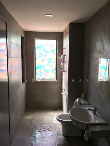 Bathroom features: grey tile cladding on walls, ceramic tile flooring, walk-in shower with glass enclosure, rain shower head, handheld shower, one-piece toilet, chrome basin mixer faucet, framed mirror, window with frosted glass, built-in shelf, recessed lighting; style: modern.