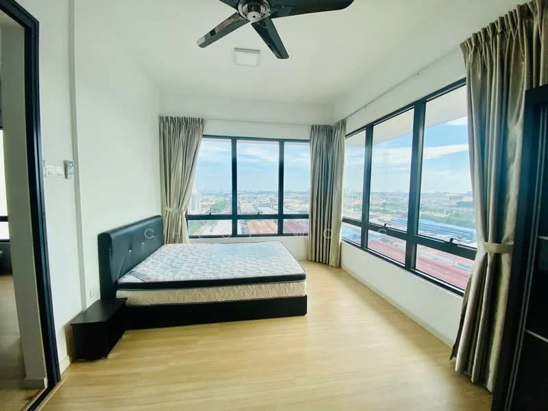 Bedroom features: king-size bed, upholstered headboard, floor-to-ceiling windows, city view, wooden flooring, curtains, ceiling fan, nightstand; style: modern; view: city.