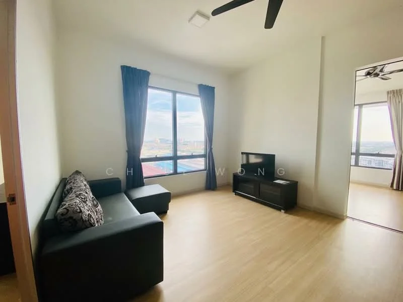 Living features: black leather sofa, wooden flooring, floor-to-ceiling windows, city view, black TV console, wall-mounted TV, two sheer curtains, ceiling fan with light, light-colored walls; style: modern; view: city.