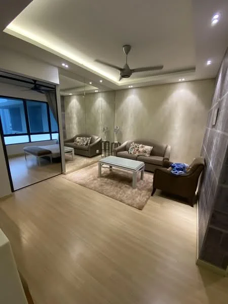 Living features: 3-seater fabric sofa in brown, 2-seater fabric sofa in brown, coffee table with glass top, area rug in beige, wall-mounted mirror, recessed LED downlights, ceiling fan, light-colored wooden flooring, decorative wall with stone cladding, floor-to-ceiling windows, sheer curtains; style: modern.