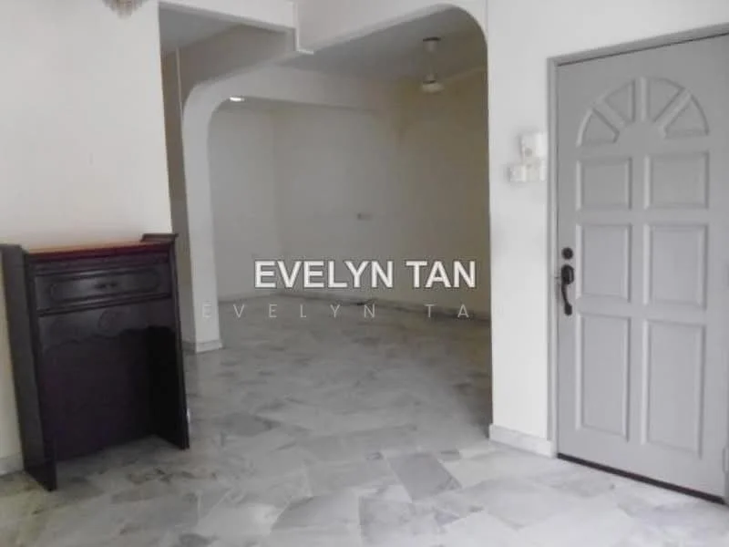 Room features: marble flooring, white painted walls, arched doorway, ceiling fan, wooden cabinet, grey door with decorative panel, light-colored trim; style: modern.