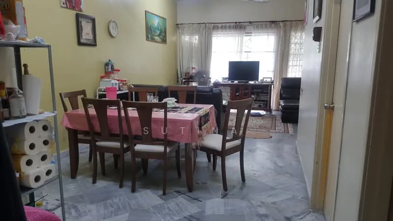 Dining features: dining table with pink tablecloth, 8 wooden dining chairs, cream painted walls, marble flooring, large window with sheer curtains, wall-mounted clock, framed artwork on wall, TV console with television, sofa set in black leather, area rug, decorative items on shelves; style: traditional.
