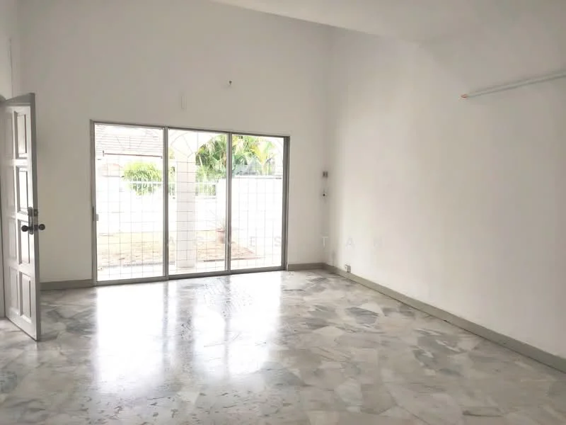 Room features: white painted walls, marble flooring, sliding glass door, floor-to-ceiling windows, natural light, high ceiling, outdoor view, grid pattern on floor; style: modern; view: garden.