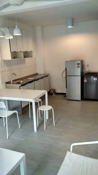 Kitchen features: white cabinetry, stainless-steel sink, chrome pull-down faucet, white tiled backsplash, grey countertop, stainless-steel fridge, stainless-steel washing machine, white dining table, white plastic chairs, pendant lighting, grey tile flooring, wall-mounted cabinets, open shelving; style: modern.