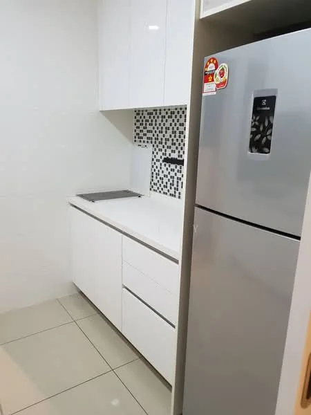 Kitchen features: white cabinetry, granite countertop, black and white mosaic tile backsplash, stainless-steel fridge, built-in cooktop, under-cabinet lighting, ceramic tile flooring, wall-mounted cabinets; style: modern.