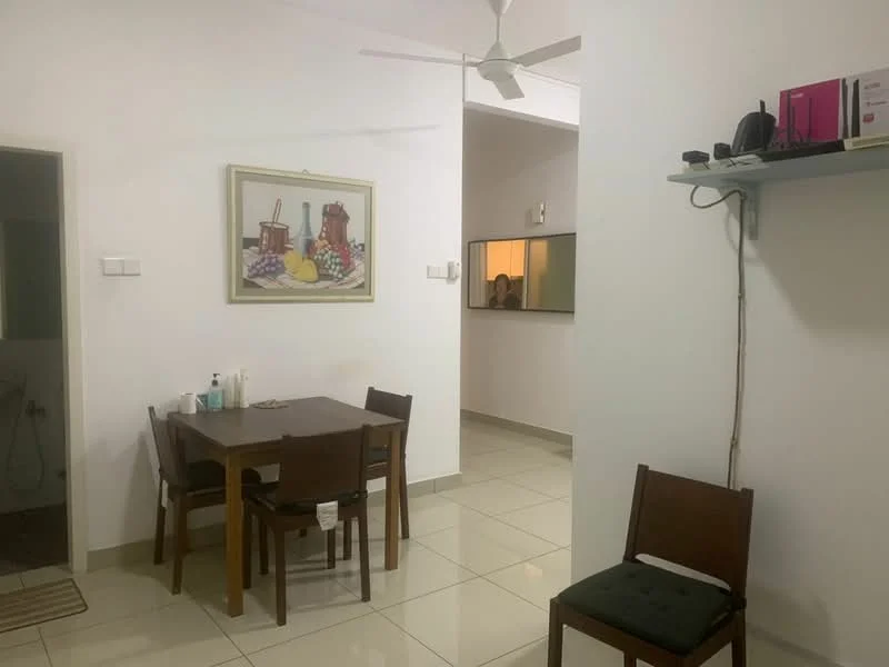Dining features: wooden dining table, 4 wooden dining chairs, white walls, ceiling fan, tile flooring, framed artwork on wall, open layout to kitchen, natural light from adjacent room; style: modern. Room features: white walls, tile flooring, open layout, doorway to kitchen, mirror on wall.