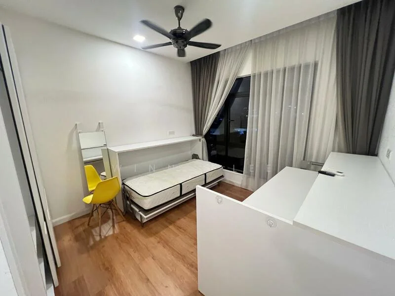 Bedroom features: queen-size bed frame without mattress, yellow dining chair, white desk with mirror, floor-to-ceiling window, sheer curtains, wooden flooring, ceiling fan, white painted walls; style: modern; view: city.