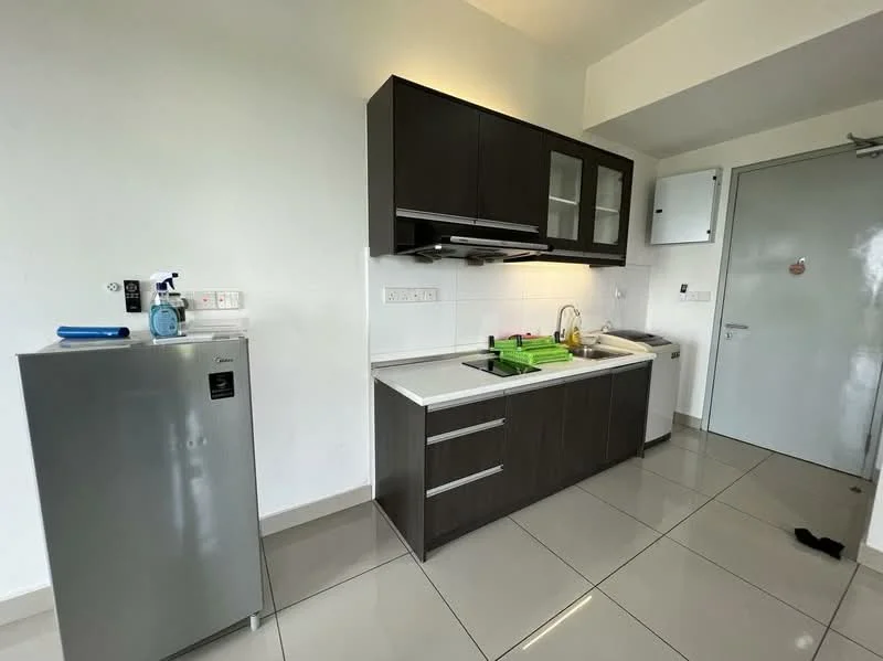 Kitchen features: grey cabinetry, white countertop, single-bowl stainless-steel sink, chrome pull-down faucet, built-in stove with hood, refrigerator, tile backsplash, ceramic tile flooring, wall-mounted electrical panel, window for natural light; style: modern.