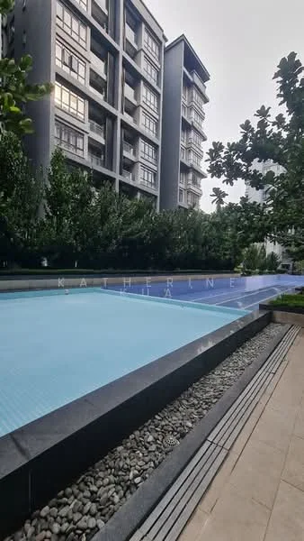 Exterior type: high-rise condominium; features: infinity pool, pool deck with loungers, landscaped garden with trees, stone-paved walkway, modern building facade, glass curtain wall, surrounded by greenery; style: modern.