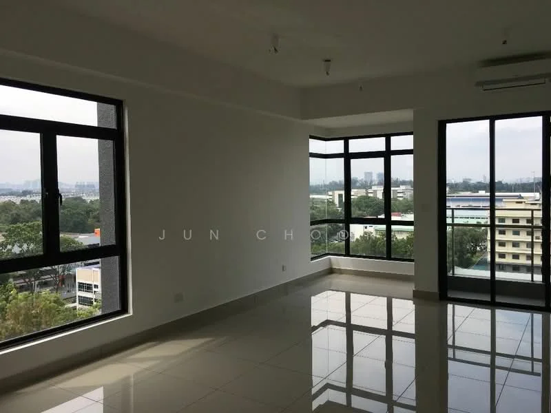 Room features: white painted walls, glossy ceramic tile flooring, floor-to-ceiling windows, sliding glass door, recessed downlights, air conditioning unit, open layout, city view; style: modern; view: city.