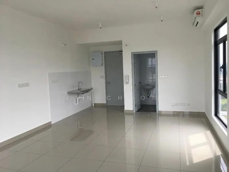 Room features: white painted walls, glossy ceramic tile flooring, 1 wall-mounted split AC, floor-to-ceiling windows, single-bowl stainless-steel sink, door leading to bathroom, door leading to utility area, recessed downlights; style: modern; view: city.