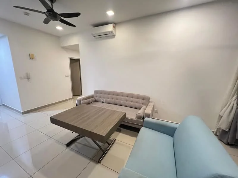 Living features: grey tufted fabric sofa, light blue fabric sofa, square wooden coffee table, white painted walls, glossy tile flooring, ceiling fan, wall-mounted split AC, recessed LED downlights, curtains, doorway leading to another room; style: modern.
