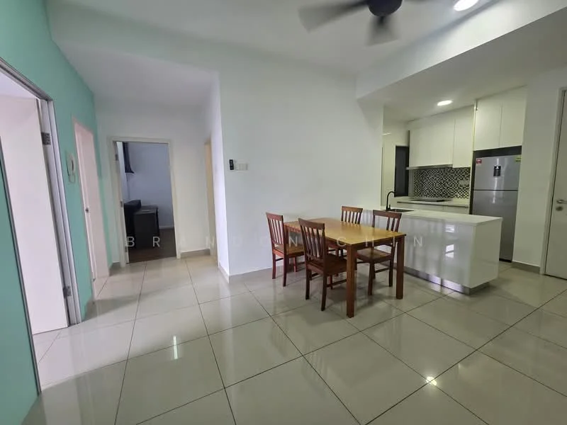 Dining features: dining table with four wooden chairs, white kitchen island with seating, grey backsplash with geometric pattern, white cabinetry, stainless-steel refrigerator, stainless-steel sink, chrome pull-down faucet, ceramic tile flooring, ceiling fan, wall-mounted light fixture; style: modern. Room features: light blue painted walls, white walls, doorway leading to another room.