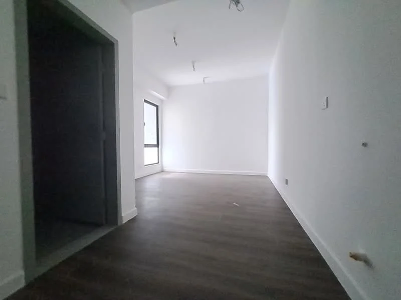 Room features: white painted walls, laminate flooring, floor-to-ceiling window, recessed downlights, open layout, neutral color scheme; style: modern.