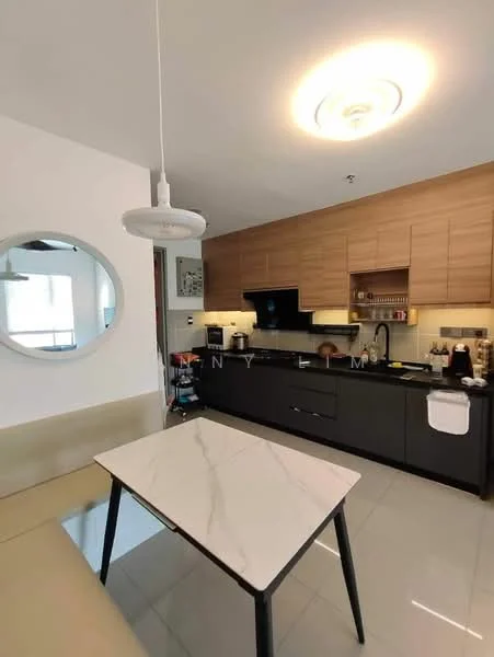 Kitchen features: white painted walls, light wood cabinetry, black lower cabinets, marble countertop, built-in oven, stainless-steel sink, chrome pull-down faucet, recessed LED downlights, pendant light, kitchen island with seating, microwave, coffee machine, toaster, dishwasher; style: modern.