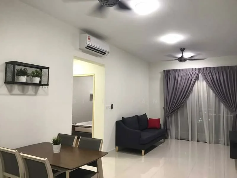 Living features: white painted walls, glossy tile flooring, 5-blade ceiling fan with light, wall-mounted split AC, sofa in dark blue with red accent cushion, dining table with 4 chairs, decorative wall shelf with plants, floor-to-ceiling windows with sheer curtains, curtains in grey, LED ceiling lights; style: modern; view: city.