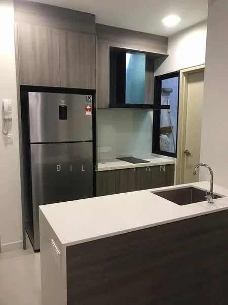 Kitchen features: stainless-steel fridge, grey cabinetry, white countertop, single-bowl stainless-steel sink, chrome pull-down faucet, glass backsplash, built-in cooktop, under-cabinet lighting, wall-mounted cabinets, open shelving, tile flooring, recessed ceiling lights; style: modern.
