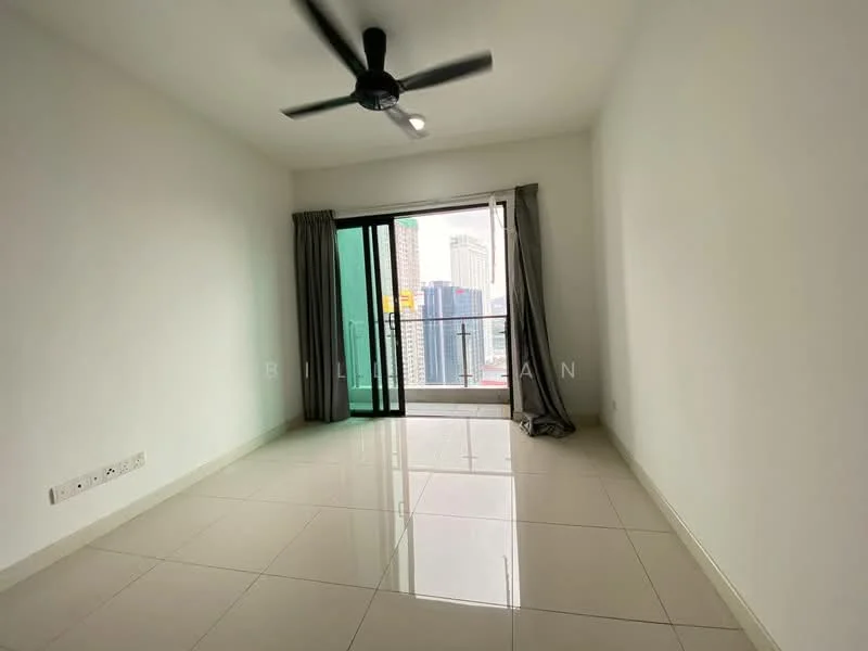 Room features: white painted walls, glossy tile flooring, 5-blade ceiling fan with light, floor-to-ceiling sliding glass door, curtains, balcony access, city skyline view; style: modern; view: city.