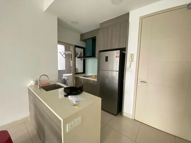 Kitchen features: single-bowl stainless-steel sink, chrome pull-down faucet, laminate countertop, grey cabinetry, built-in refrigerator, white walls, tile flooring, recessed downlights, open shelving, window with view to laundry area; style: modern.