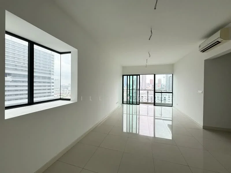 Living features: white painted walls, glossy ceramic tile flooring, floor-to-ceiling windows, sliding glass door, air conditioning unit, recessed downlights, open layout, natural light from windows; style: modern; view: city.