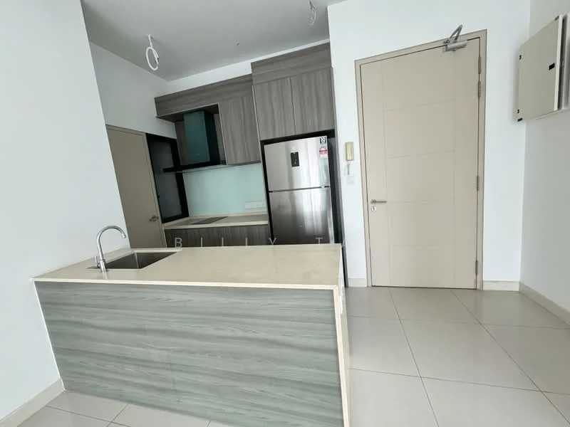 Kitchen features: single-bowl stainless-steel sink, chrome pull-down faucet, laminate countertop, grey flat-panel cabinets, built-in refrigerator, ceramic tile flooring, white painted walls, open layout; style: modern. Room features: white painted walls, ceramic tile flooring, door leading to hallway.