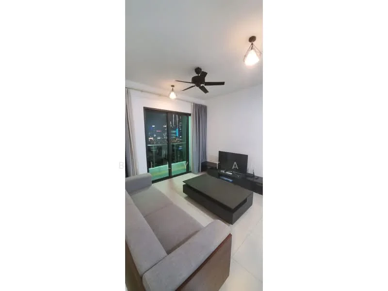 Living features: 3-seater fabric sofa in grey, ceiling fan with light, coffee table, wall-mounted TV, TV console, floor-to-ceiling windows, sliding glass door, curtains, white painted walls, tile flooring, area rug; style: modern; view: city.