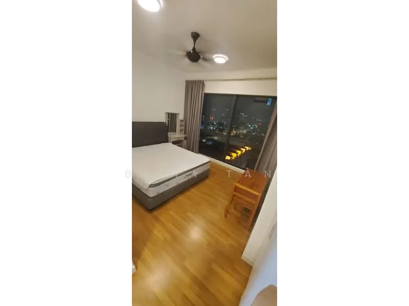 Bedroom features: king-size bed, upholstered headboard, wooden flooring, floor-to-ceiling windows, city view, 2 ceiling lights, ceiling fan, curtains, wooden chair, nightstand; style: modern; view: city.