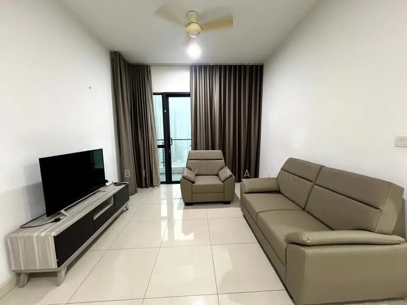 Living features: 3-seater leather sofa in beige, single armchair in beige, flat-screen TV on console, TV console in dark wood, white painted walls, light-colored tiled flooring, ceiling fan, floor-to-ceiling windows with sheer curtains, curtains in dark fabric, balcony door; style: modern; view: city.