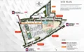 Floor plan: features: site layout, building locations, road access, green spaces, parking areas, amenities marked, landscaping features, entrance points.