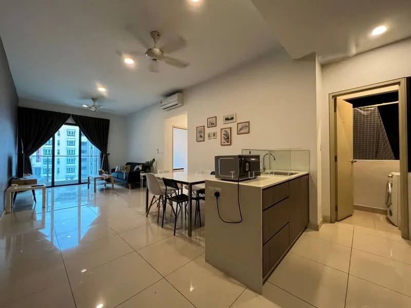 Living features: floor-to-ceiling windows, grey curtains, 3-blade ceiling fan, wall-mounted TV, coffee table, 2-seater fabric sofa, dining table with 4 chairs, light-colored tiled flooring, decorative wall art, air conditioning unit; style: modern; view: city. Kitchen features: kitchen island, stainless-steel sink, chrome pull-down faucet, built-in cabinets, microwave, refrigerator, electric stove, light-colored cabinetry; style: modern. Laundry features: washing machine, dryer, tile flooring, ventilation window.