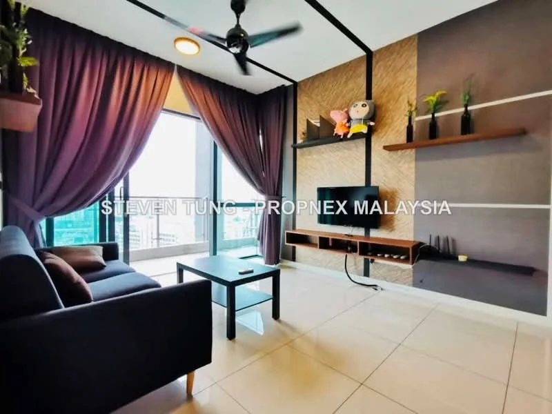 Living features: 3-seater fabric sofa in dark grey, coffee table, wall-mounted TV, floating shelves, decorative items on shelves, floor-to-ceiling windows, curtains in dark purple, light fixture with ceiling fan, tile flooring, accent wall with wood texture; style: modern; view: city.