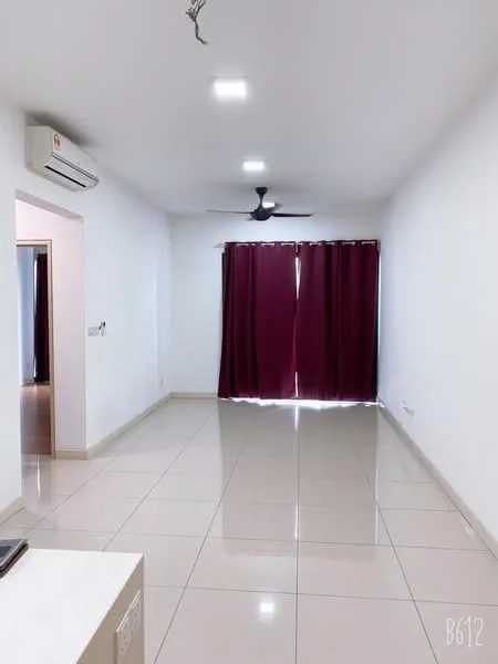 Living features: white painted walls, glossy ceramic tile flooring, recessed LED downlights, 5-blade ceiling fan, floor-to-ceiling window with sheer curtains, dark red curtains, wall-mounted split AC; style: modern.