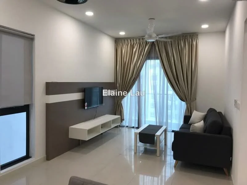 Living features: grey fabric sofa, white coffee table, wall-mounted TV, TV console with storage, floor-to-ceiling windows, sheer curtains, heavy drapes, recessed LED downlights, ceiling fan, glossy tile flooring, accent wall with wood paneling; style: modern.