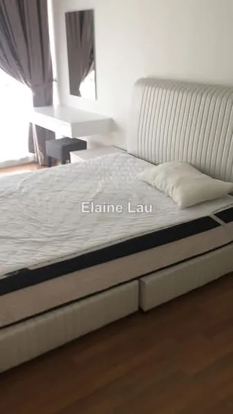Bedroom features: queen-size bed with upholstered headboard, white bedding, wooden flooring, large window with sheer curtains, two wall-mounted mirrors, white bedside table, decorative pillow; style: modern.