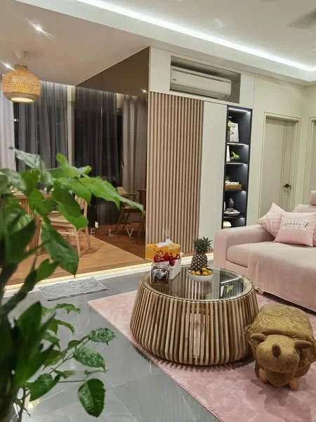 Living features: light grey wall, white ceiling with recessed lighting, 5-blade ceiling fan, large glass sliding door, floor-to-ceiling windows with sheer curtains, pink area rug, round glass coffee table with wooden base, light pink sectional sofa, decorative plant, wooden shelving unit, wooden flooring, wall-mounted air conditioning unit; style: modern.