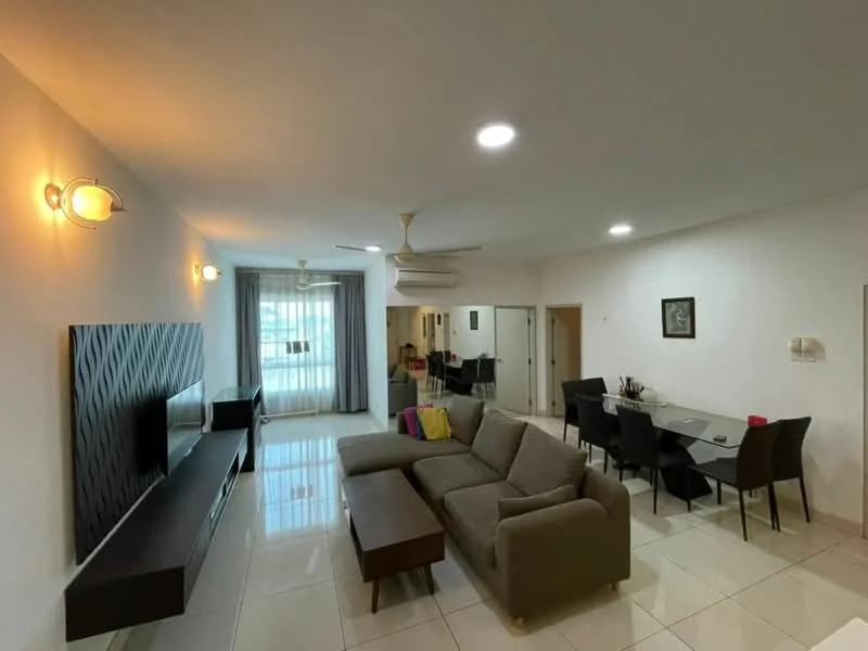 Living features: 3-seater fabric sofa in grey, coffee table, wall-mounted TV, TV console, area rug, ceiling fan, recessed downlights, floor-to-ceiling windows with sheer curtains, white painted walls, glossy tile flooring; style: modern. Dining features: 6-seater dining table, black dining chairs, glass tabletop, decorative centerpiece; style: modern.