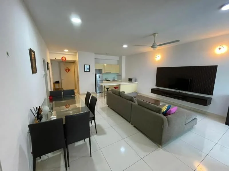 Living features: white painted walls, glossy white tile flooring, 5-blade ceiling fan with light, wall-mounted TV, TV console, sofa with cushions, coffee table, decorative wall lights, open-plan layout to kitchen and dining area; style: modern. Dining features: glass dining table, 4 black dining chairs, wall-mounted artwork, near kitchen area; style: modern. Kitchen features: kitchen countertop, microwave, cabinets, open layout to living area; style: modern.