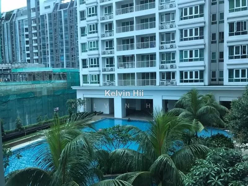 Exterior type: high-rise condominium; features: swimming pool, landscaped garden, palm trees, glass curtain wall, balconies, manicured lawn, surrounded by greenery, multiple storeys, construction scaffolding visible, urban context; style: modern.