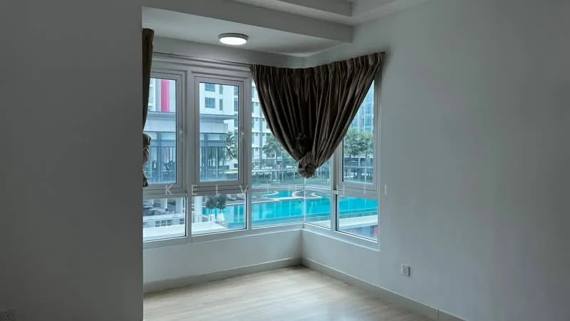 Room features: large floor-to-ceiling windows, curtains, light-colored walls, laminate flooring, ceiling light fixture, view of swimming pool, corner room layout; style: modern; view: pool.