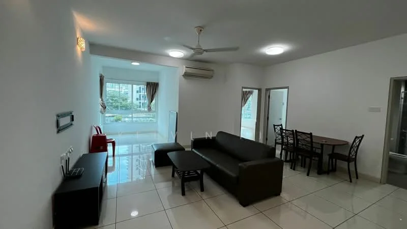 Living features: white painted walls, glossy tile flooring, 5-blade ceiling fan with light, sofa in dark brown leather, coffee table in dark wood, wall-mounted TV, floor-to-ceiling windows, sheer curtains, air conditioning unit, decorative wall sconce; style: modern; view: city. Dining features: 6-seater dining table in dark wood, upholstered dining chairs, wall-mounted mirror, light fixture above dining table; style: modern; view: city.