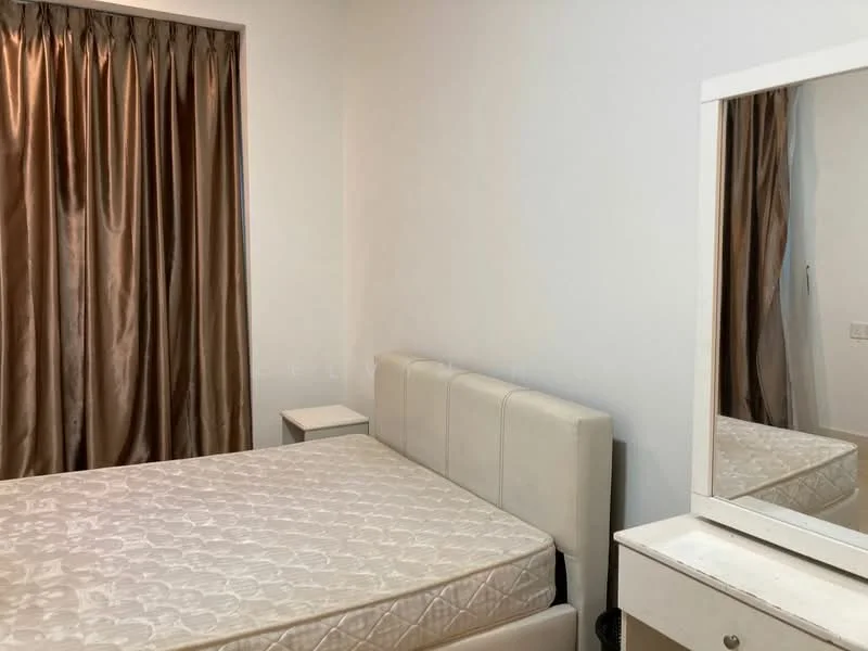 Bedroom features: queen-size bed with upholstered headboard, white painted walls, brown curtains, nightstand, mirror with white frame, laminate flooring; style: modern.