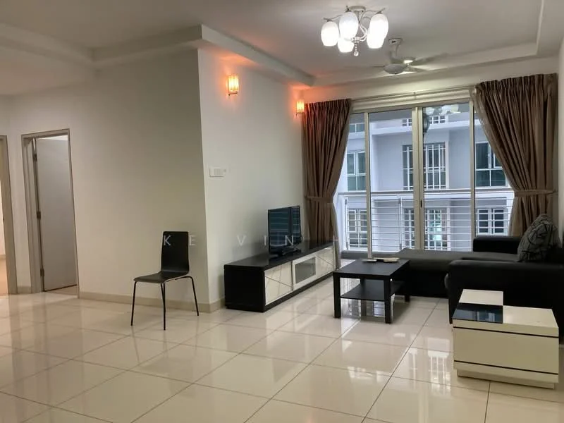 Living features: white painted walls, glossy tile flooring, 5-blade ceiling fan with light, recessed downlights, floor-to-ceiling windows, sheer curtains, black leather sofa, black coffee table, white TV console, decorative wall sconces; style: modern. Room features: white painted walls, glossy tile flooring, doorway leading to another room.
