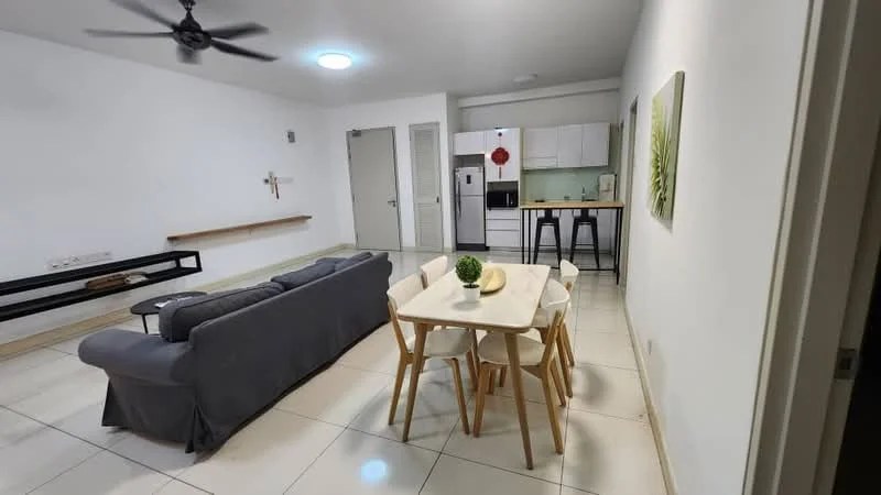 Living features: grey fabric sofa, 4-seater dining table, wooden dining chairs, white walls, tile flooring, ceiling fan, recessed ceiling light, kitchen area with white cabinetry, stainless-steel fridge, built-in oven, countertop with bar stools; style: modern.