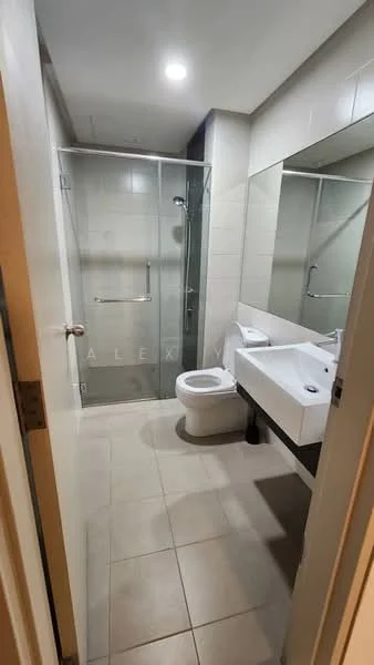 Bathroom features: glass shower enclosure, rain shower head, handheld shower, single-sink vanity with white cabinet, chrome basin mixer, toilet, tile flooring, wall-mounted mirror, recessed lighting, grey wall tiles, white wall tiles, towel rail; style: modern.