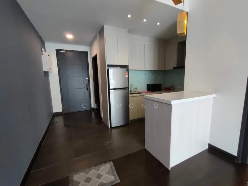 Kitchen features: white cabinetry, black countertop, stainless-steel fridge, built-in oven, microwave, single-bowl stainless-steel sink, chrome pull-down faucet, pendant light, tile flooring, grey accent wall, open layout, kitchen island, recessed downlights; style: modern.